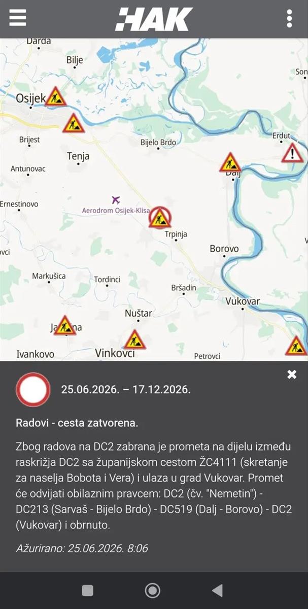 Zatvorena dionica državne ceste između Osijeka i Vukovara, promet preusmjeren obilaznim pravcem