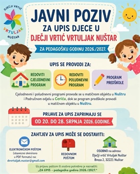 Otvoreni upisi u Dječji vrtić Vrtuljak Nuštar za pedagošku godinu 2026./2027.