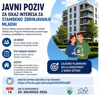 Općina Nijemci poziva mlade na iskaz interesa za stambeno zbrinjavanje