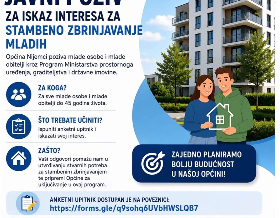 Općina Nijemci poziva mlade na iskaz interesa za stambeno zbrinjavanje