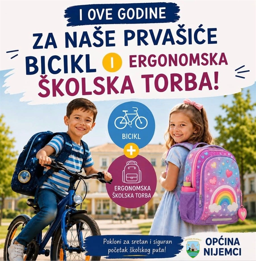 Općina Nijemci i ove godine daruje prvašiće: uz bicikle stižu i ergonomske školske torbe
