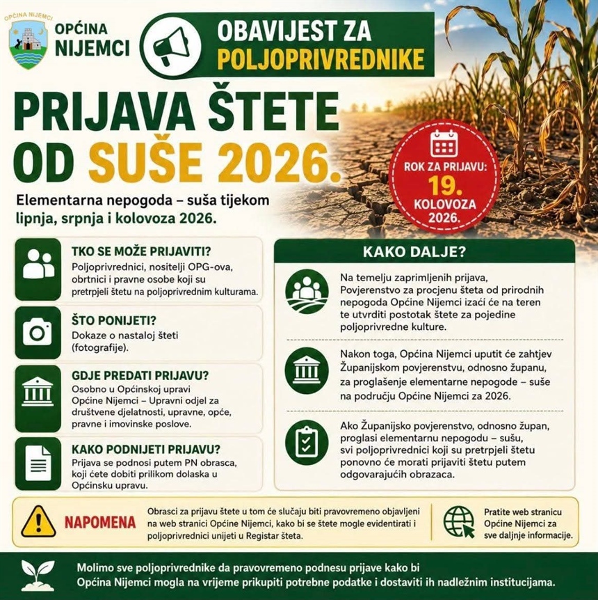 Prijava štete od suše na području Općine Nijemci do 19. kolovoza
