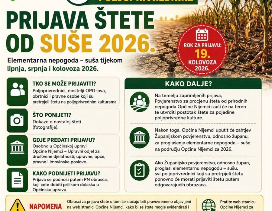 Prijava štete od suše na području Općine Nijemci do 19. kolovoza