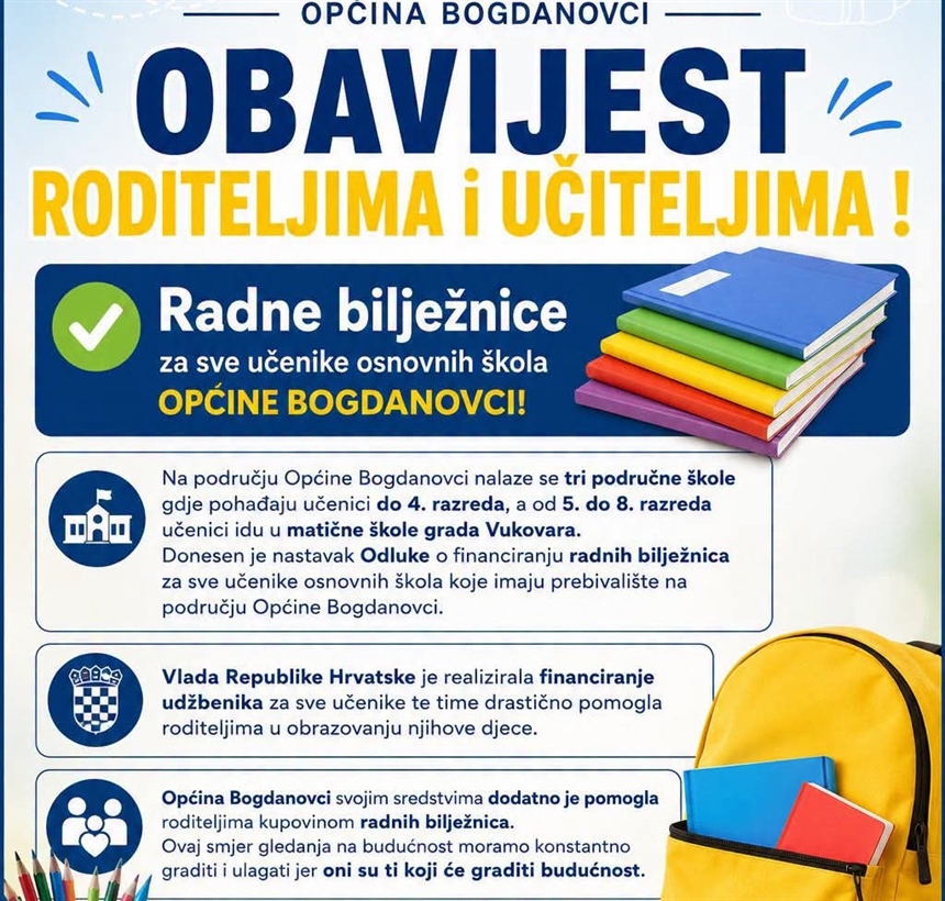 Općina Bogdanovci financira radne bilježnice za osnovnoškolce