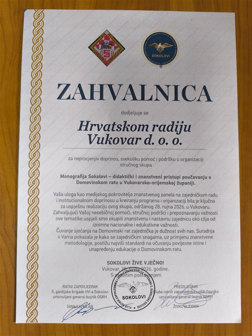 Hrvatskom radiju Vukovar zahvalnica za doprinos očuvanju istine o Domovinskom ratu