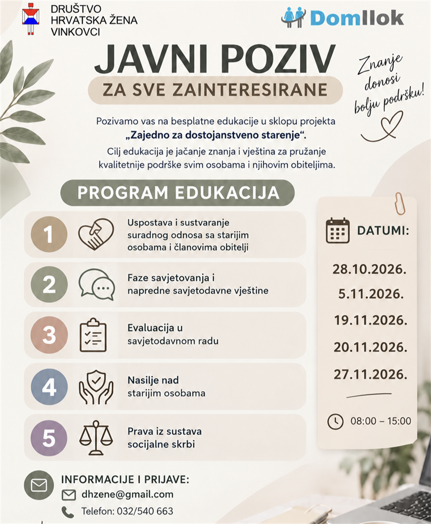Društvo „Hrvatska žena” Vinkovci poziva na besplatne edukacije o skrbi za starije osobe